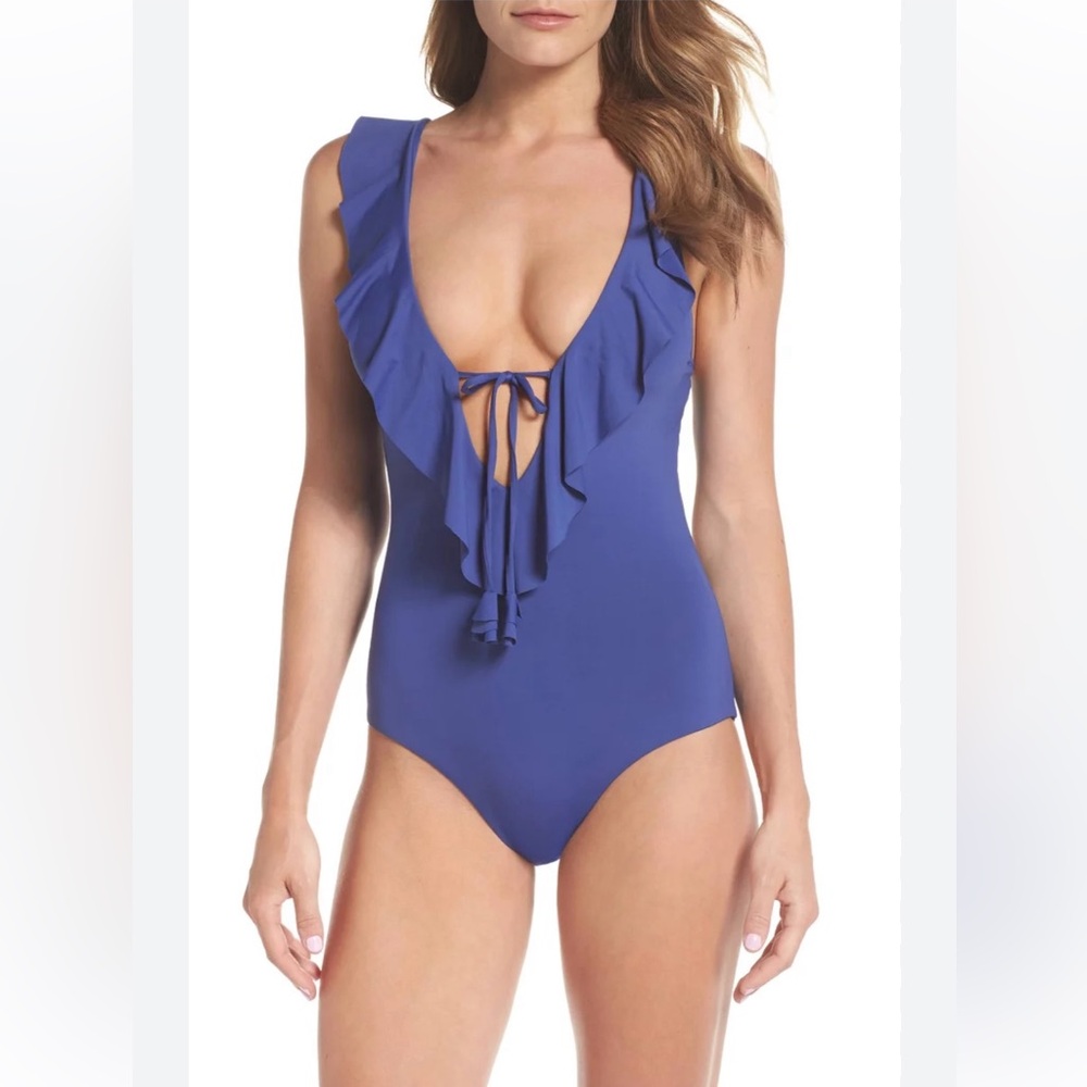 BECCA by Rebecca Virtue Socialite‎ Ruffle Plunge One-Piece Swimsuit Blue Size M